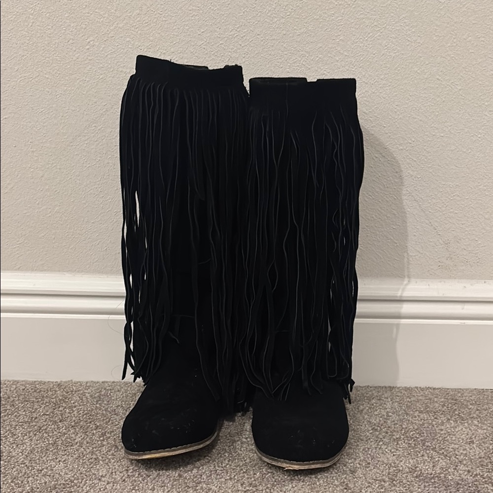 Joyfolie Black Fringe Knee-High Boots